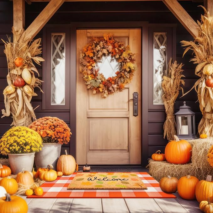 Moucuny 2 Pcs Fall Nature Coir Doormat Outdoor Maple Leave Welcome Mat, Orange and White Plaid Outdoor Rug Non Slip Floor Door Mat for Entrance Front Porch Decor, 24'' x 35'', 16'' x 28''