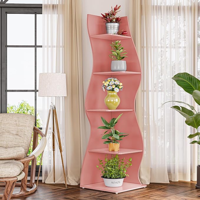 LITTLE TREE Small Corner Shelf, Modern 5-Tier Wall Corner Bookshelf, Stylish Bookcase Storage Rack for Small Space, Living Room, Bedroom, Pink, 1 Pack
