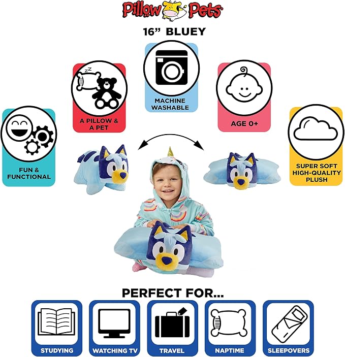 Pillow Pets BBC Studios Bluey, 16" Plush Toy | Soft Plush Pillow Companion, Unfastens into a Cozy Pillow at Night, Machine Washable, BPA and Phthalates Free
