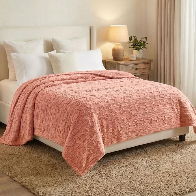 SUPERIOR Fleece Boho Jacquard Blanket, Decorative Blankets for Bedroom, Sofa, Fuzzy, Plush, Fluffy, Soft, Cute Room Decor, Beautiful Cover, Comfort Essentials, Arctic Collection, Twin, Blush