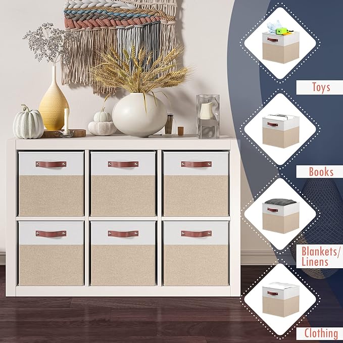 Ornavo Home 11x11 Foldable Fabric Storage Cube Bins, 6 Pack, White/Khaki | Collapsible Linen Shelf Basket Organizer; Leather Handles; Ideal Cube Storage For Closet