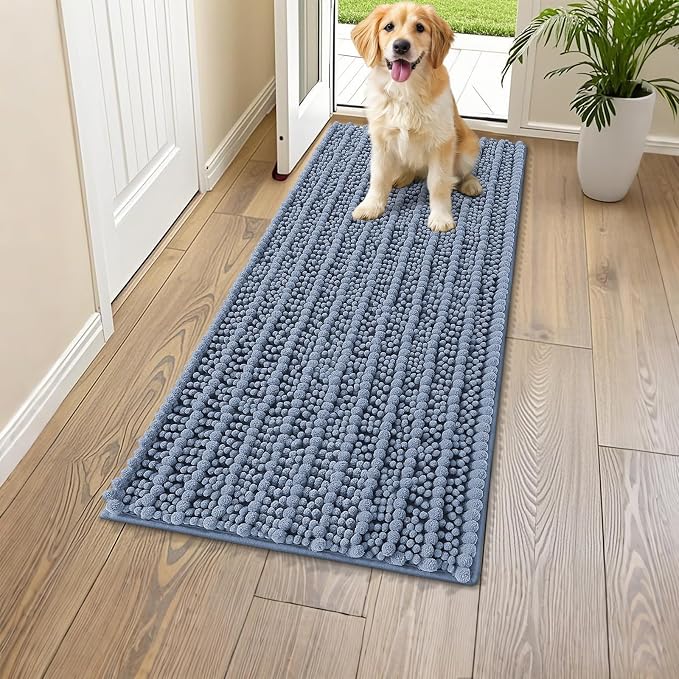 Smiry Dog Door Mat for Muddy Paws 47x17, Absorbent Dirt Trapper, Non-Slip Washable Chenille Entryway Rug for Inside Floor, Airy Blue, Layered Pattern