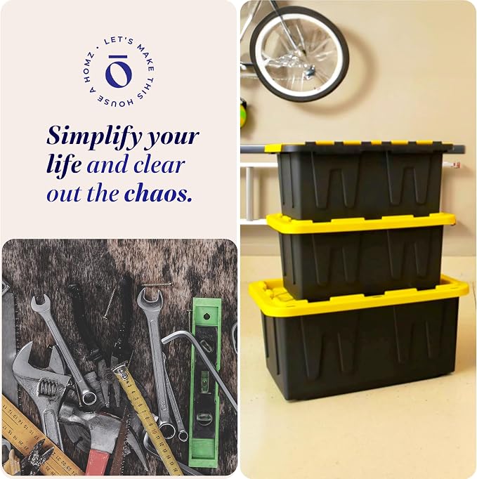 HOMZ Durabilt Heavy Duty Storage Container | 27 Gallon | Flip Lid & Stackable | Durable Tote | Black Base with Yellow Lid, 2 Pack | Heavy-Duty Large Stackable Container Boxes for Home, Attic, and Garage Organization