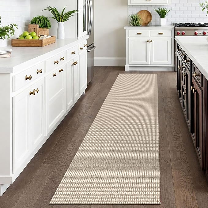 IOHOUZE Washable Runner Rug 2x10 Non Slip Rubber Backed Long Hallway Runner Entryway Runner Indoor, Kitchen Rugs Woven Cotton Floor Carpet for Hall Entrance, Cream/Beige