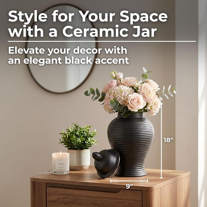 Ribbed Ceramic Temple Jar with Lid for Living Room Decor - Modern Flower Vase for Bedroom, House, or Office Display - Sculptural Home Accent for Kitchen Counter or Table Decor - 18", Black