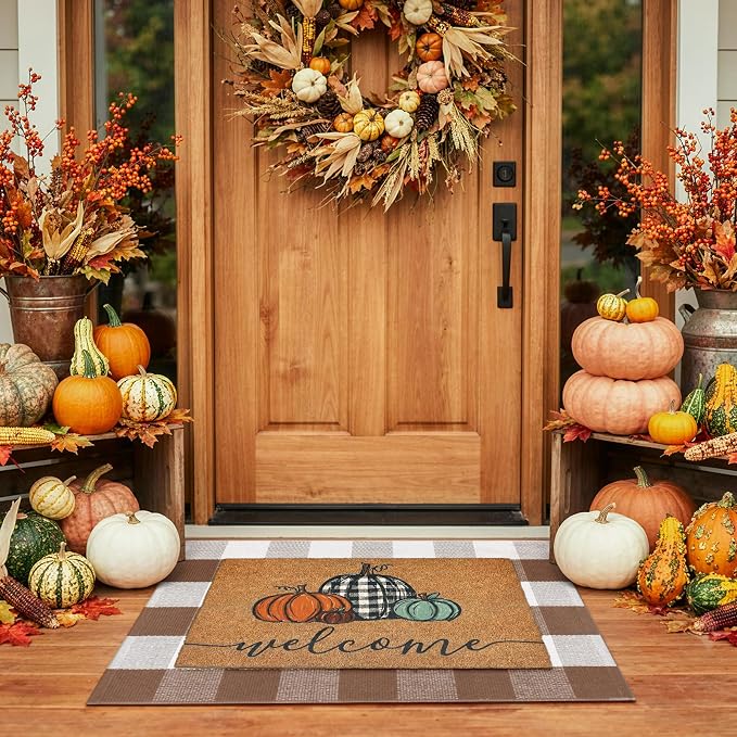 Uphome Bufflo Plaid Outdoor Rug 2'x3', Fall Decor Small Checkered Front Door Mat, Indoor Outdoor Farmhouse Cotton Porch Rug for Layered Door Mats, Washable Brown Area Rugs for Patio Entryway