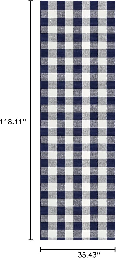 Buffalo Plaid Runner Rug 3x10 Feet Navy and White Checkered Runner Rug Cotton Woven Farmhouse Floor Mat Washable Rugs for Hallway Kitchen Laundry Bedroom Living Room