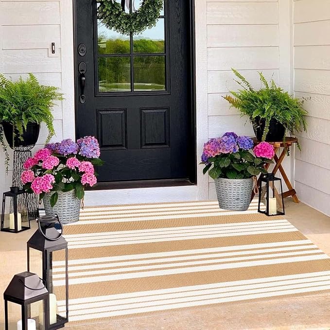 BUAGETUP Khaki and White Outdoor Rug 3'x 5' Hand-Woven Cotton Washable Rug Striped Front Porch Rug Indoor/Outdoor Area Rug Floor Mat for Farmhouse/Layered Door Mats/Living Room