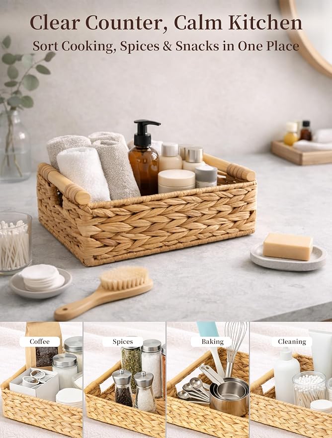 Wicker Basket, Large Basket for Gift Baskets Empty, 13.4x9.5x4.7in | Water Hyacinth Woven Basket for Organizing, Rectangular Basket with Wooden Handles for Shelves, Snacks, Toys, Books, Laundry