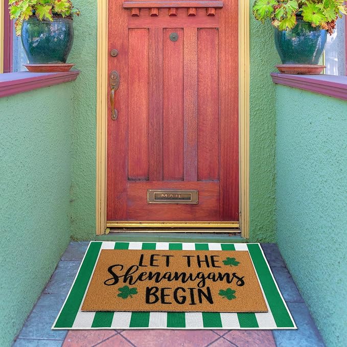 Tinideya 2 Pcs Irish Festival Door Mat Fest Welcome Non Slip Coir Mats Shenanigans Green White Stripe Floor Layering Doormats Seasonal for Front Porch Entryway Decor(Irish Festival)