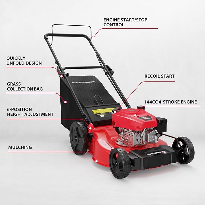 PowerSmart 21-Inch Gas Push Lawn Mower with OHV Engine, 3-in-1 (Bag/Mulch/Rear Discharge),6 Cutting Heights, Durable Steel Deck, Rear-Wheel Drive