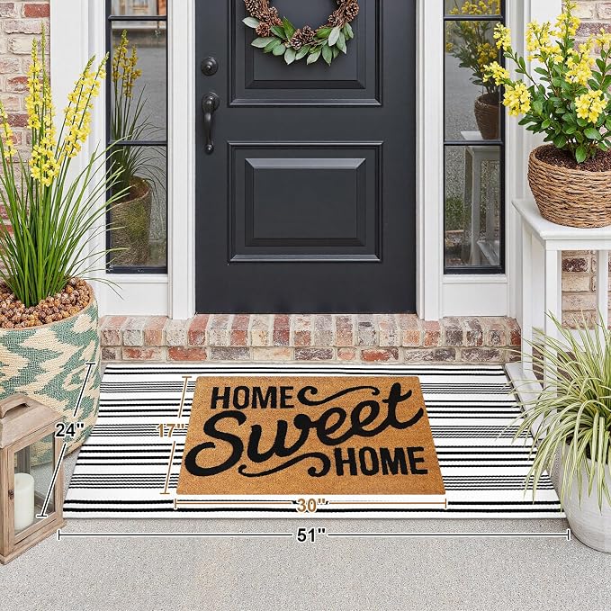 Black and White Striped Outdoor Rug, 2’ x 4.3’ Cotton Hand-Woven Reversible Front Porch Rug Washable Front Door Mat Entryway Rugs Welcome Layered Doormat Carpet for Patio Farmhouse Kitchen