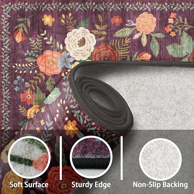2x4 Entryway Runner Rugs, Non Slip Washable Rugs with Rubber Backing Soft Floral Carpet Runner for Kitchen, Laundry, Bedroom, Bathroom(2 x 4, Purple Lawn)