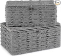 Mkono Storage Basket with Lid, Decorative Bins for Organize, Set of 2 Grey | Paper Rope Box, Toilet Tank Top, Space-Saving, Handwoven Rectangular, Shelf Closet Bathroom Bedroom Office, Home Decor