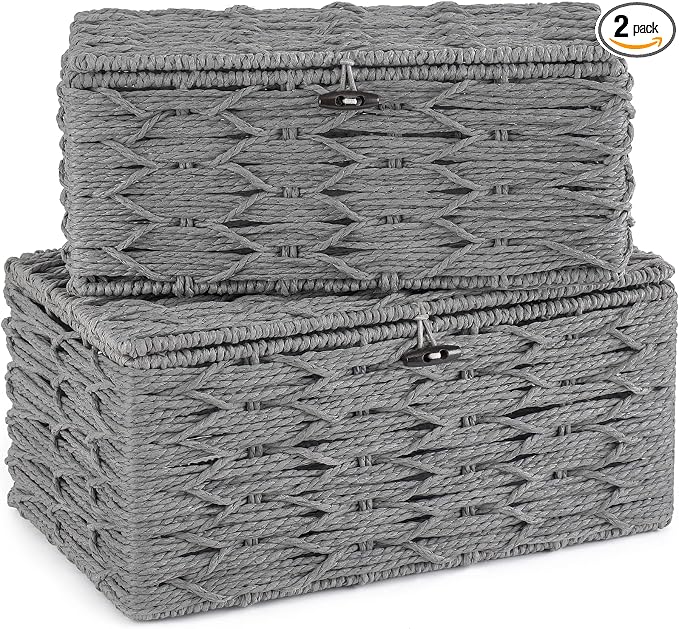 Mkono Storage Basket with Lid, Decorative Bins for Organize, Set of 2 Grey | Paper Rope Box, Toilet Tank Top, Space-Saving, Handwoven Rectangular, Shelf Closet Bathroom Bedroom Office, Home Decor