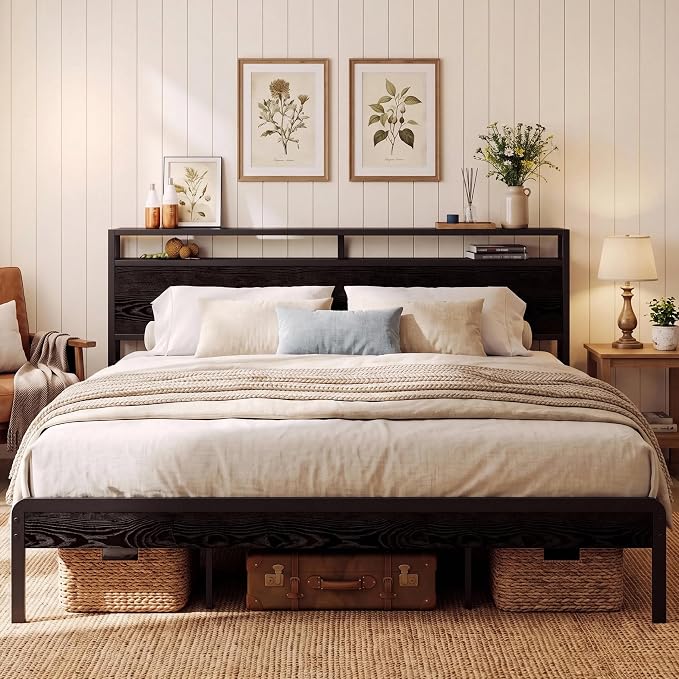 LIKIMIO King Size Bed Frame with 2-Tier Storage Shelf Headboard | Dark Wood Platform Bed, Camas King with Strong Metal Supports, Sturdy, Noise-Free, No Box Spring Needed, Black