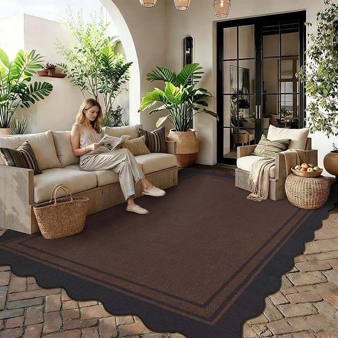 5x7 Scalloped Rug Easy Jute Washable Outdoor Patio Rug for Living Room Indoor Outdoor Black Brown Geometric Neutral Carpet for Backyard Patio Dining Room
