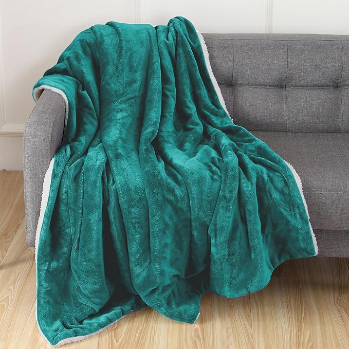 Elegant Comfort Throw Blanket, Reversible Sherpa Flannel, Ultra-Soft, Fuzzy, Cozy and Plush- All Season Lightweight Decorative Throw, 50 x 60 inches, Solid Sherpa Throw, Turquoise