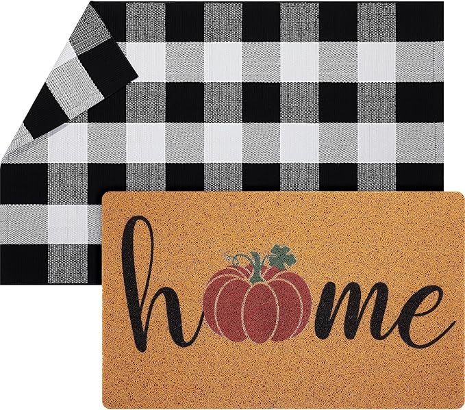 Geelin 2 Pcs Fall Front Door Mat Welcome Mat Outdoor Decorative Doormat Non Slip Buffalo Checkered Rug for Indoor Outdoor(Home Pumpkin)