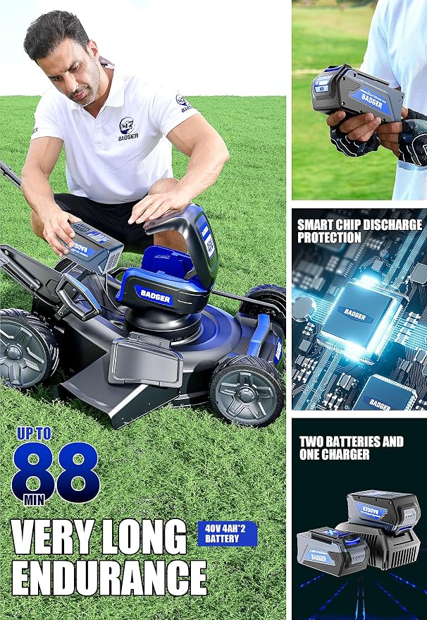 Wild Badger Power 40V 21-in Cordless Self-Propelled Lawn Mower, 2 Batteries | 21-in brushless self-propelled mower for larger lawns; 7 cut heights, 4-in-1 clippings and two 40V 4.0Ah batteries.