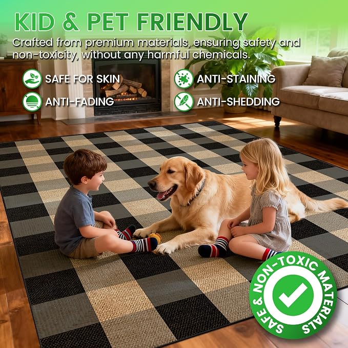 Washable Checkered Easy Jute Rug 3x5, Black Grey Plaid Checkerboard Boho Outdoor Indoor Patio Small Rugs, Woven Non Slip Thin Neutral Carpet Door Mat for Bedroom Entryway Front Door Farmhouse