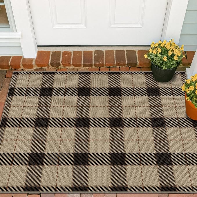 3x4 Entryway Door Mat Indoor – Washable Non Slip Small Rug for Front Door, Kitchen Sink, Mudroom, Garage Entry, Low Profile Easy Clean Farmhouse Plaid Floor Mat