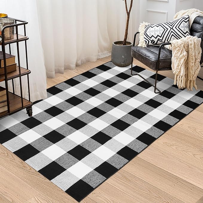 Buffalo Plaid Rug 3x5 Cotton Woven Buffalo Check Rug Black and White Checkered Outdoor Rug Washable Indoor Outdoor Area Rug Layered Front Door Mats Carpet for Farmhouse Entryway Living Room Bedroom