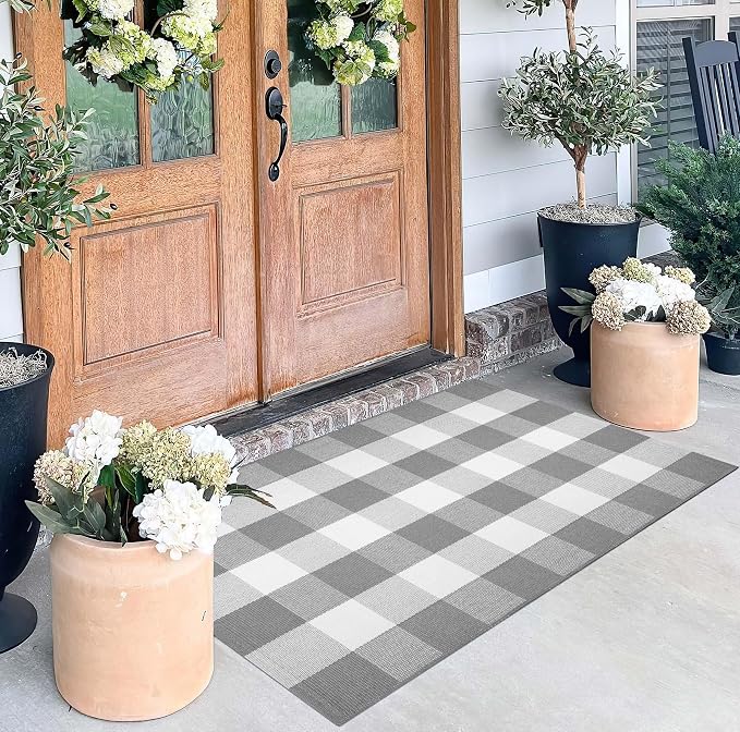 Grey and White Plaid Rug 27.5''x 43.3''Buffalo Checkered Outdoor Layered Door Mat Cotton Woven Machine Washable Farmhouse Mat for Indoor,Outdoor, Kitchen, Farmhouse, Entryway,Bathroom