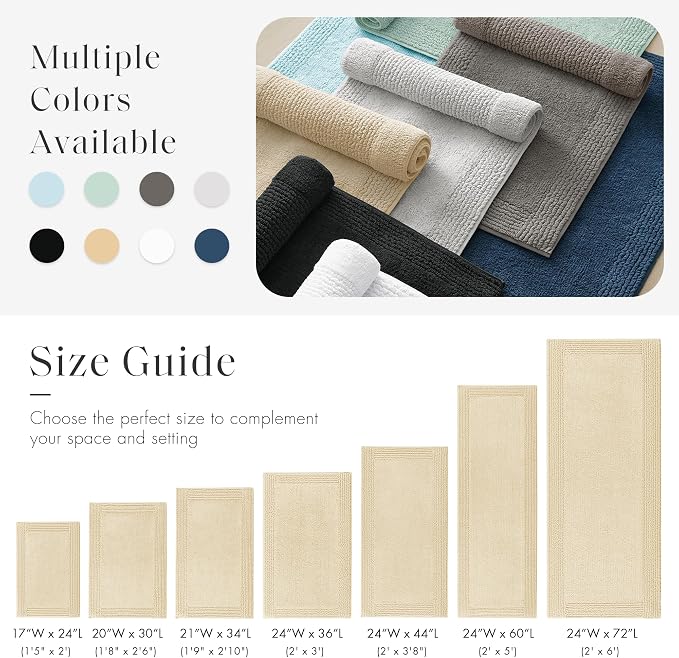 Madison Park Splendor Reversible 100% Cotton Bath Runner, 24 x 60, Natural | Tufted Bathroom Rug, 3000 GSM, Hotel Quality, Luxurious Plush, Medium Pile, Absorbent, Quick Dry, OEKO-TEX, Shower Room Décor
