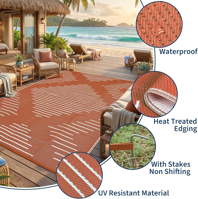 Garvee 10x14 Outdoor Area Rugs Waterproof Easy-Cleaning Plastic Reversible Rugs Indoor Outdoor RV Mat Carpet for Patio Backyard Porch RV Beach Picnic Terracotta White