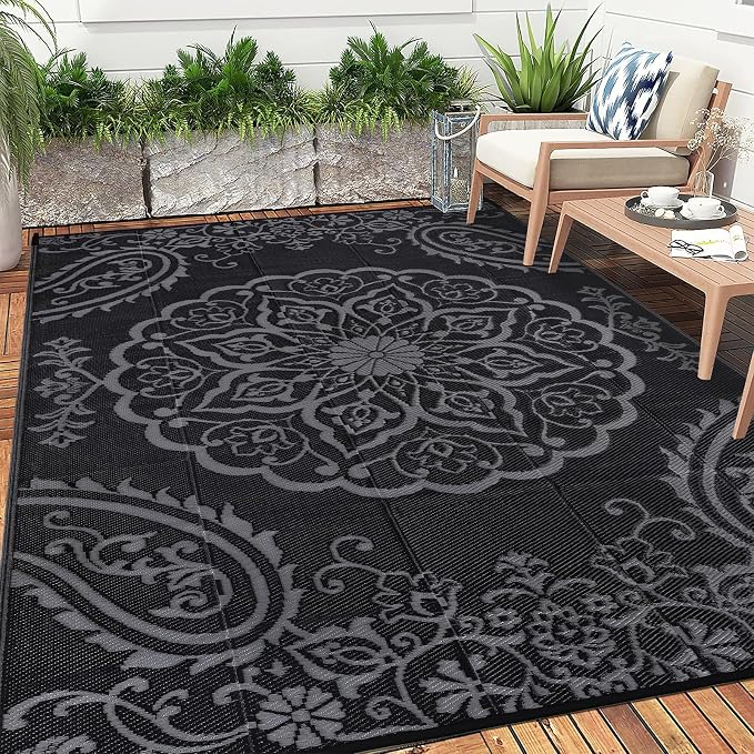Pauwer Outdoor Rug 6x9, Waterproof Plastic Camping Rug, Boho Black Grey | Reversible Patio Rug, UV Resistant Indoor Outdoor RV Mat Carpet For Deck, Camper, Porch, Balcony, Backyard, Picnic, Foldable