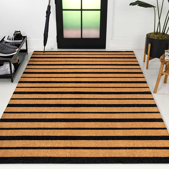 JONATHAN Y Ticking Stripe Coir Indoor Outdoor Doormat 4X6 Natural/Black, Hadley Modern Classic for Living Room, Bedroom, Kitchen, Easy-Cleaning, High Traffic, Pet-Friendly, Non-Shedding NRF108A-4