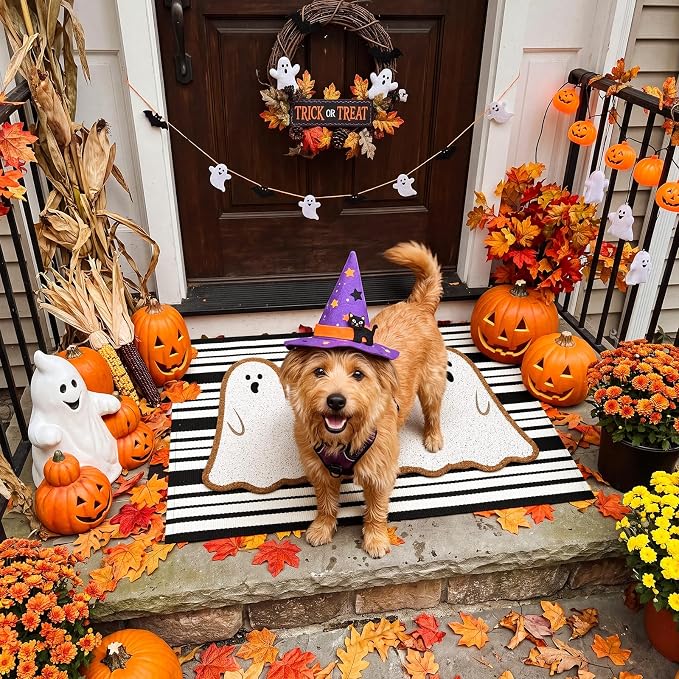 Moucuny 2 Pcs Halloween Coir Doormat Outdoor Ghost Welcome Mat with Black and White Stripe Area Rug Halloween Outdoor Doormat for Front Door Porch Entryway Decor, 16'' x 28'', 24'' x 35''