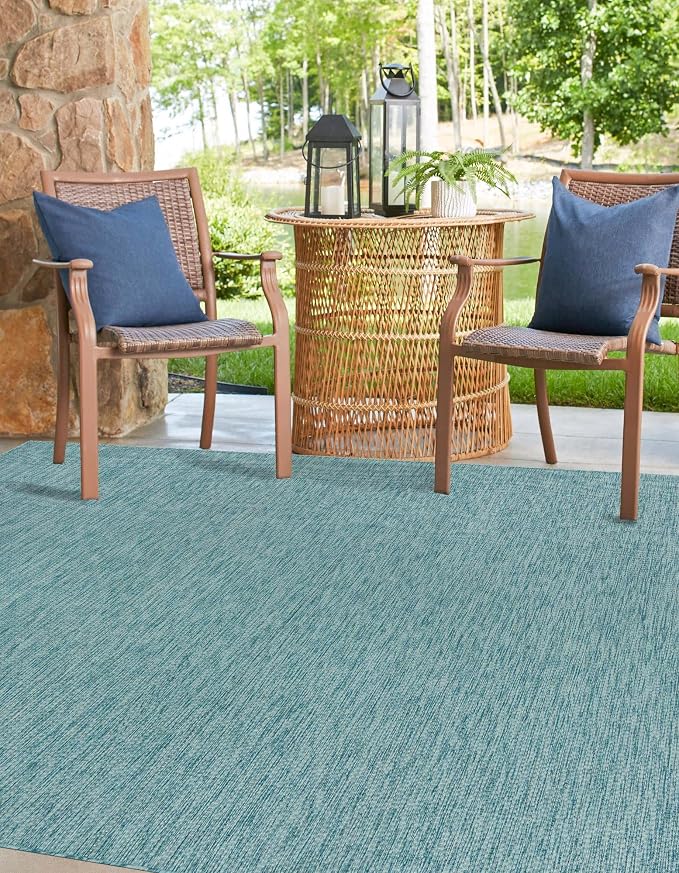 Unique Loom Collection Casual Transitional Solid Heathered Indoor/Outdoor Flatweave Area Rug (13' Square, Aquamarine/Ivory)