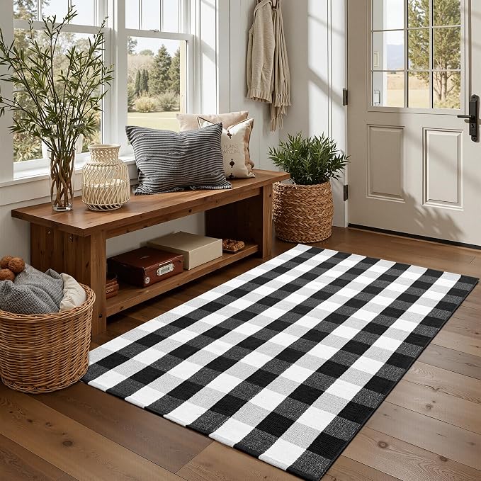 joybest Buffalo Plaid Rug 3 x 5 ft Black and White Checkered Area Rug Cotton Hand-Woven Indoor Outdoor Rugs Carpet for Patio, Living Room, Dining Room, Bedroom