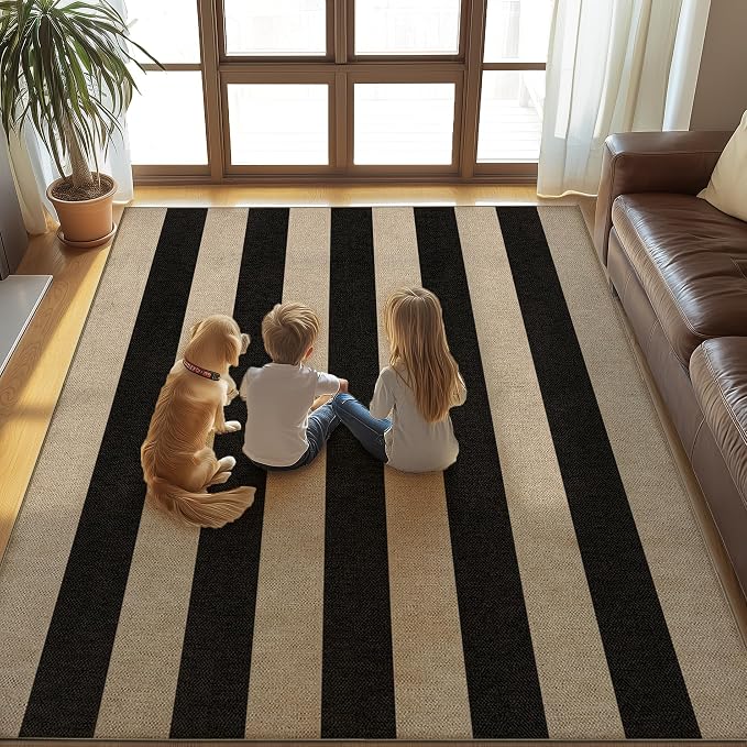 Washable Striped Easy Jute Rug, 3x5 Black Outdoor Indoor Patio Geometric Neutral Small Area Rugs, Low Pile Lightweight Non Slip Carpet Mat for Living Bedroom Entryway Front Door Farmhouse Doorway