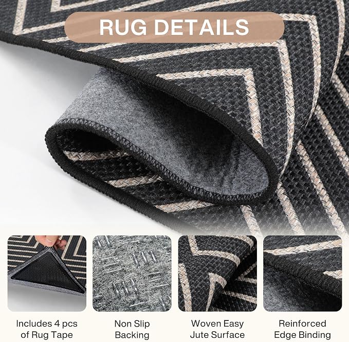 Tribesigns Modern Easy Jute 3x5 Washable Outdoor Patio Porch Area Rug,Black | Machine Washable, Non-Slip with 4 Rug Tape, Ultra-Thin Low Pile, for Farmhouse Indoor Kitchen Entryway Deck RV Balcony