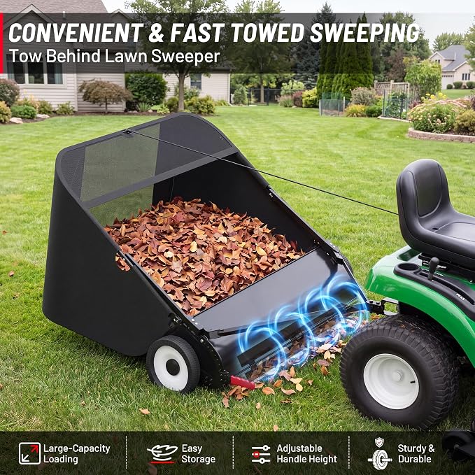 Suchtale 52 Inch Tow Behind Lawn Sweeper with 26 Cu Ft Hopper | 52 Inch Sweeping Path, 26 Cu Ft Hopper, Adjustable Brush Height, Dumping Rope, Steel Frame, Lawn Tractor Attachment