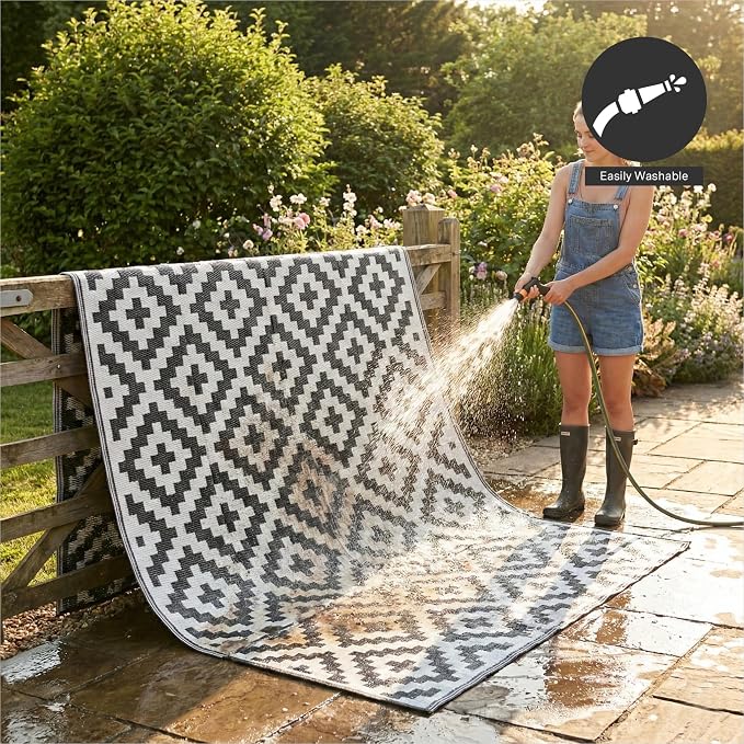 FH Home Outdoor Camping Rug - Waterproof, Fade Resistant, Reversible - Premium Recycled Plastic - Geometric - Large Patio, Deck, Sunroom, RV - Aztec - Black & White - 9 x 12 ft Foldable
