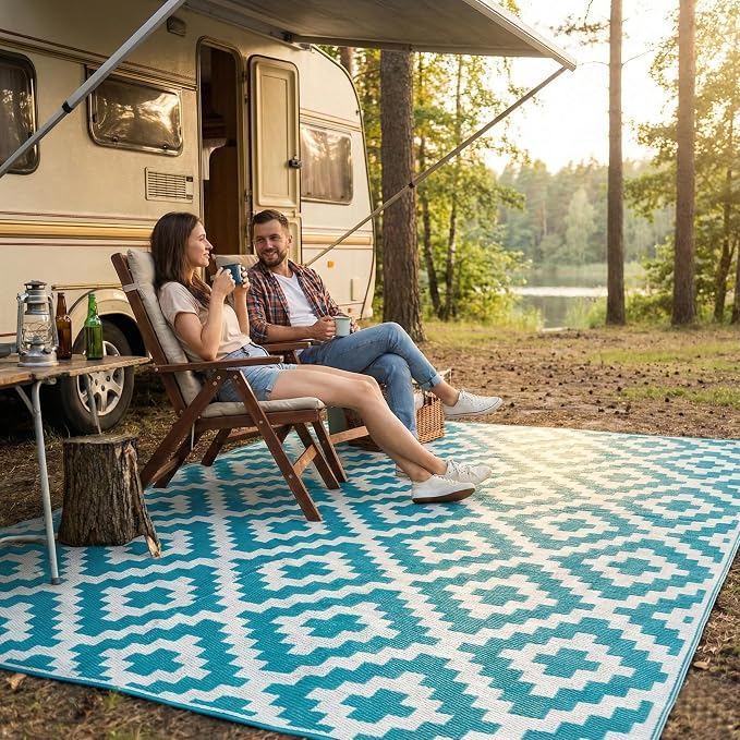 FH Home Outdoor Camping Rug - Waterproof, Fade Resistant, Reversible - Premium Recycled Plastic - Geometric - Large Patio, Deck, Sunroom, RV - Aztec - Teal & White - 9 x 12 ft Foldable