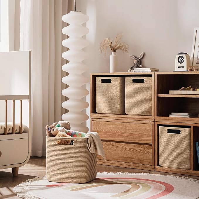 UBBCARE Set of 4 Storage Basket-13 X 13 X 13 In, Cotton Rope Basket for Shelves, Toys, Book, Cube Storage Bins with Handles, Woven Storage Basket for Organizing, Brown