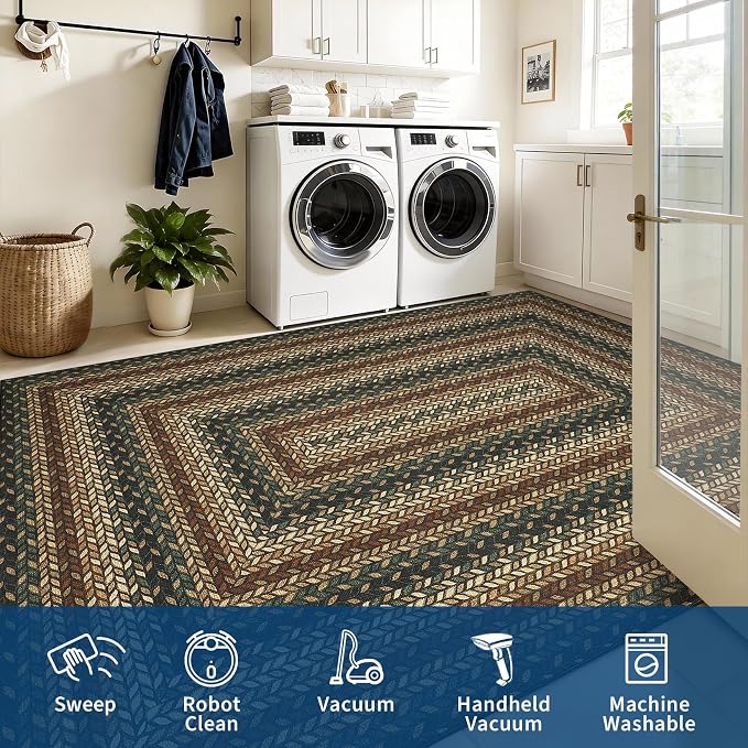 GarveeHome 8x10 Washable Living Room Area Rug Non Slip Braided Rugs | Low Pile Stain Resistant Dining Room Throw Carpet Indoor Outdoor Modern Bordered Area Rugs for Home Decor, Rust