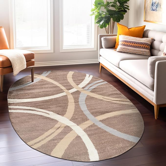 Rugshop Wavy Circles Modern Non-Shedding Living Room Oval Rug Brown 5' x 7' | Oval, Size 5' x 7', Bedroom, Dining Room, Home Office, Kitchen, Entryway, Hallway, Nursery, Kids Room, Guest Room