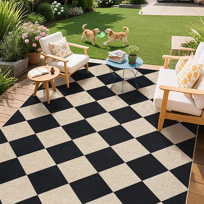 GarveeHome Easy Jute Area Rugs 6x9 for Living Room Non-Slip Backing Checkered Rugs Machine Washable Modern Indoor Outdoor Carpets for Dining Room Nursery Patio Bedroom Backyard Camping Black
