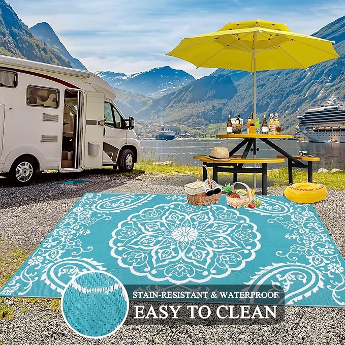 Pauwer Reversible Outdoor Rug, 6'x9', Waterproof Polypropylene Patio Mat, RV, Balcony, Deck, Beach, Picnic | Reversible Patio Rug, UV Resistant Indoor Outdoor RV Mat Carpet For Deck, Camper, Porch, Balcony, Backyard, Picnic, Foldable