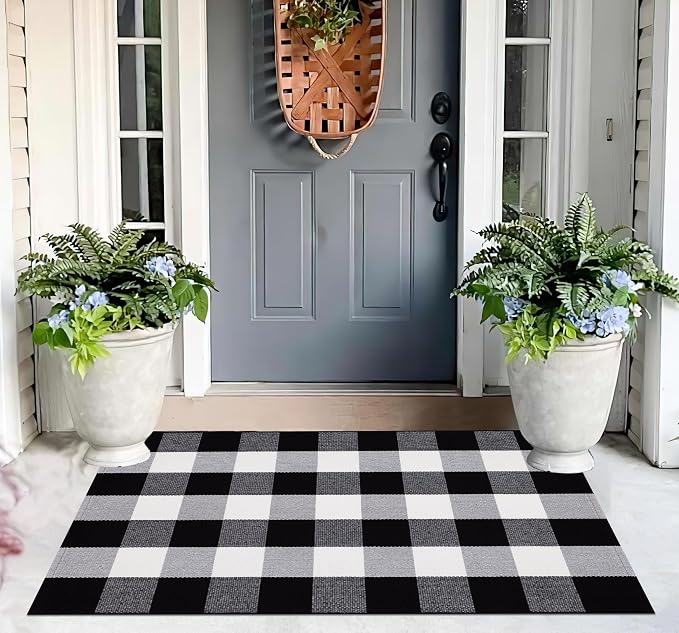 Black and White Layered Doormat 27.5''X 43.3''Checkered Outdoor Rug Cotton Woven Washable Door Mats Outdoor for Welcome Hello Door Mat Porch Entryway Bedroom Living Room