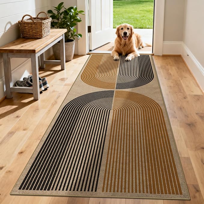 Washable Rainbow Easy Jute Runner Rug 2x6, Neutral Modern Boho Geometric Outdoor Indoor Patio Area Rug, Woven Non Slip Thin Long Runner Carpet Mat for Hallway Kitchen Entryway Porch Farmhouse