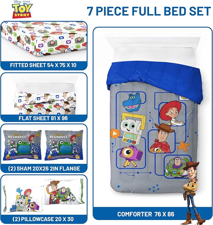 Jay Franco Kids Comforter Set Includes Sheets and Pillow Covers - Soft and Cozy Bed Set for Stylish Room Decor, Official Licensed Bedding, Grey - Toy Story, 7 Piece Full