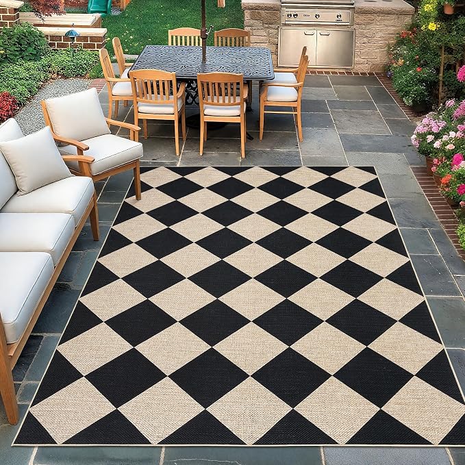 COZYLOOM 6x9 Area Rugs for Bedroom Washable Rug with Non Slip Backing, Modern Diamond Pattern Easy Jute Rug Stain Resistant Foldable Thin Mats for Living Room, Dining Room, Patio, Black