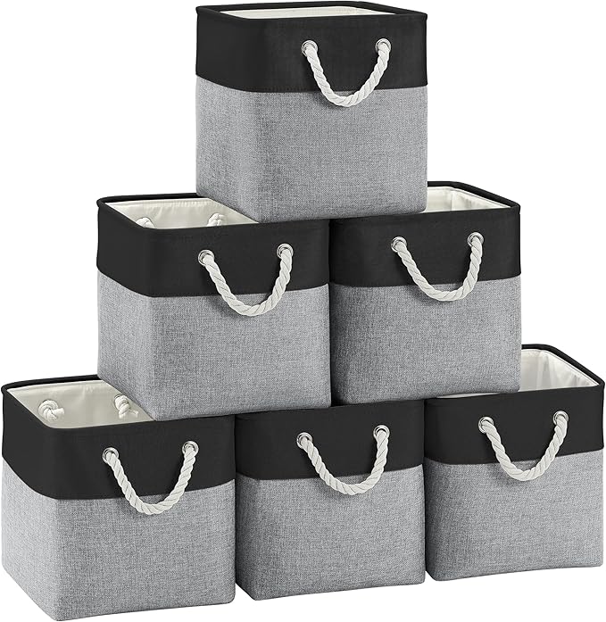 FinishingBo 11 inch Cube Storage Bin with Handles 6 Pack | Foldable Basket, Fabric Storage Bins, Closet Storage, Home Organizer (Black/ Gray)